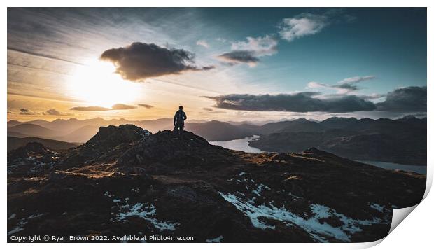 Man standing at the top of Ben Venue, Scotland in  Print by Ryan Brown
