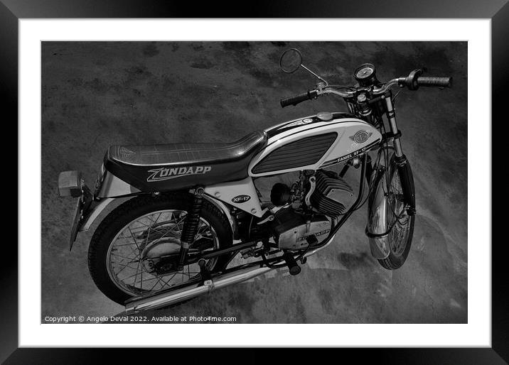 Classic Zundapp bike XF-17 in the garage. Monochrome Framed Mounted Print by Angelo DeVal
