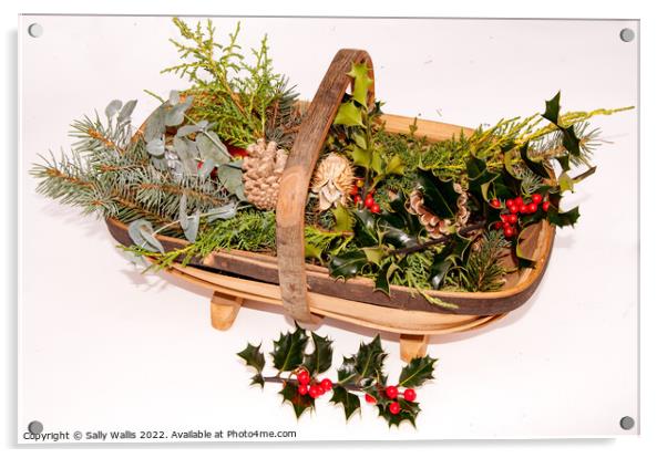 Trug with cut greenery for decorations Acrylic by Sally Wallis