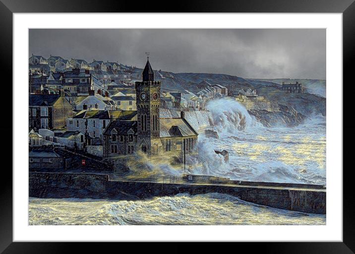 windy stormy day Porthleven Framed Mounted Print by kathy white