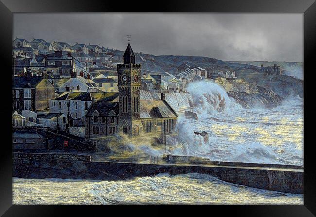 windy stormy day Porthleven Framed Print by kathy white