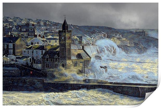 windy stormy day Porthleven Print by kathy white