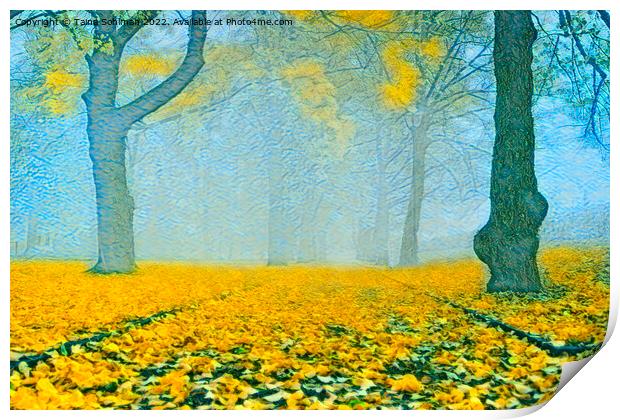 Blue Mist and Yellow Leaves Print by Taina Sohlman