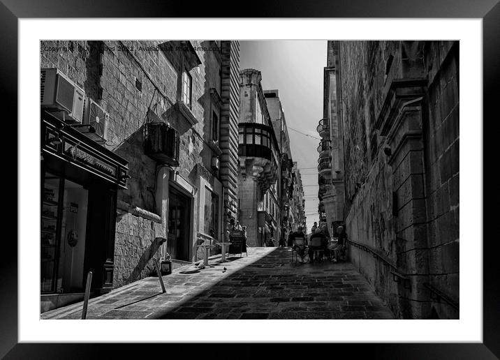 Coffee Morning in Valletta - Monochrome Framed Mounted Print by Jim Jones