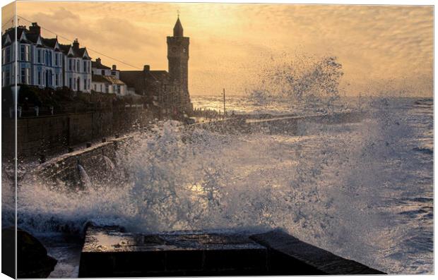 Porthleven winter storm,sunset Canvas Print by kathy white