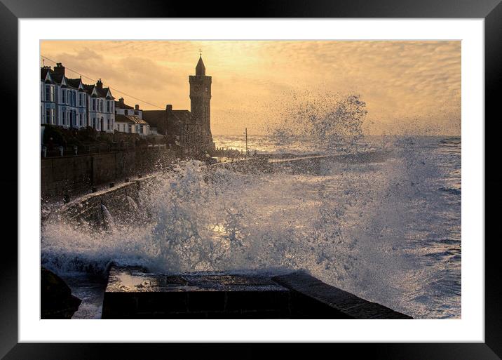 Porthleven winter storm,sunset Framed Mounted Print by kathy white