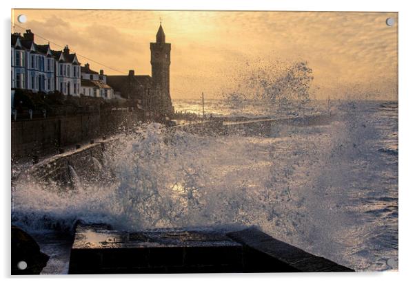 Porthleven winter storm,sunset Acrylic by kathy white