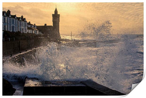 Porthleven winter storm,sunset Print by kathy white