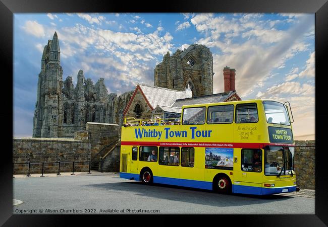 Whitby Abbey and Tour Bus Framed Print by Alison Chambers