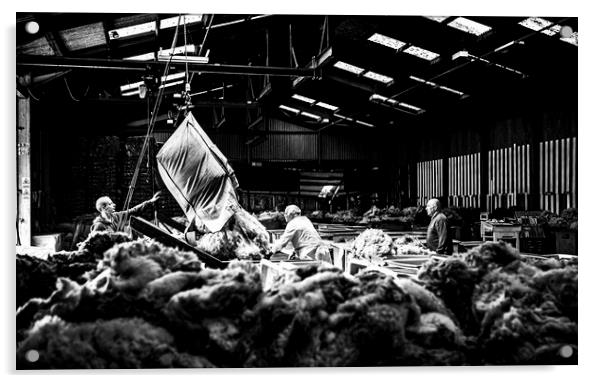 Grading wool, Liskeard Wool Depot, Cornwall. Acrylic by Maggie McCall