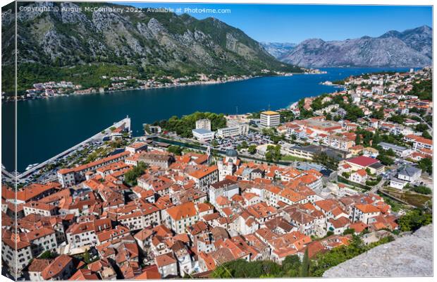 Aerial view of Kotor on Bay of Kotor in Montenegro Canvas Print by Angus McComiskey