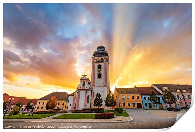 Evening above historic center of Bechyne. Old church. Czechia. Print by Sergey Fedoskin