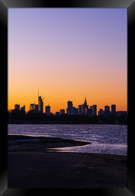 Warsaw City Twilight River View In Poland Framed Print by Artur Bogacki