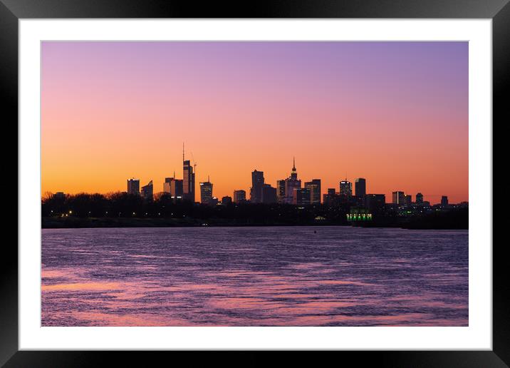 Warsaw City River View Skyline At Dusk Framed Mounted Print by Artur Bogacki