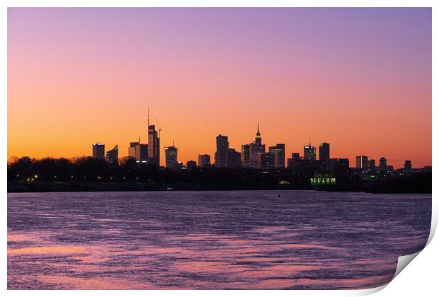 Warsaw City River View Skyline At Dusk Print by Artur Bogacki