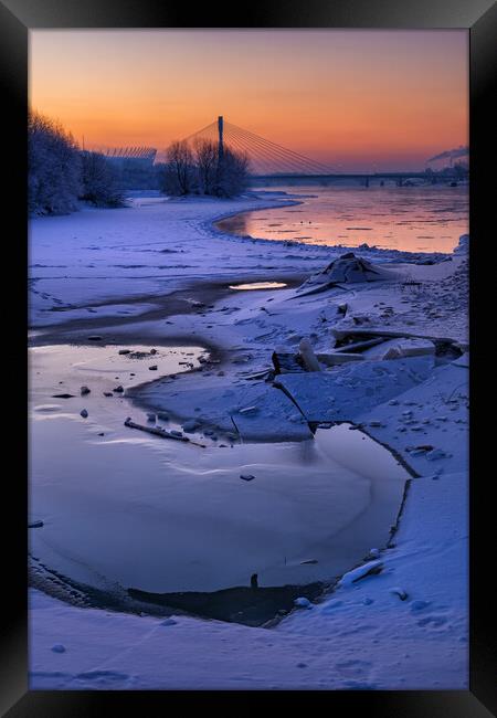 Winter Dawn By The Vistula River In Warsaw Framed Print by Artur Bogacki