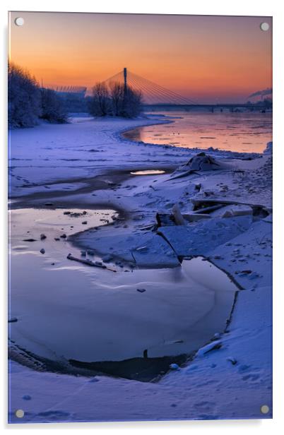 Winter Dawn By The Vistula River In Warsaw Acrylic by Artur Bogacki