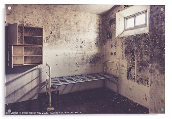 Metal Bedframe & Cupboard Storage In An Inmates Prison Cell In A Acrylic by Peter Greenway