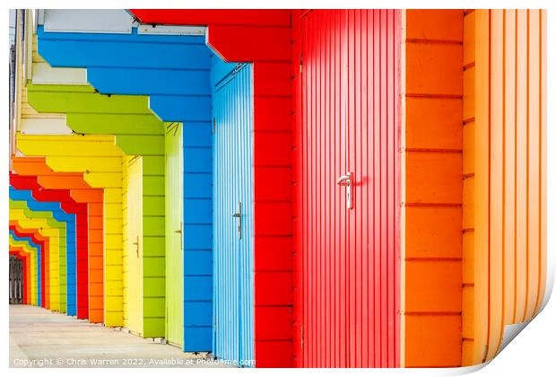 Brightly coloured Beach Huts at North Bay Scarboro Print by Chris Warren