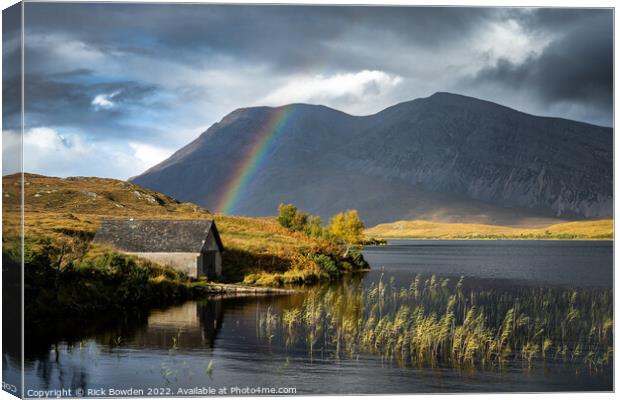 Majestic Rainbow over Arkle and Loch Stack Canvas Print by Rick Bowden