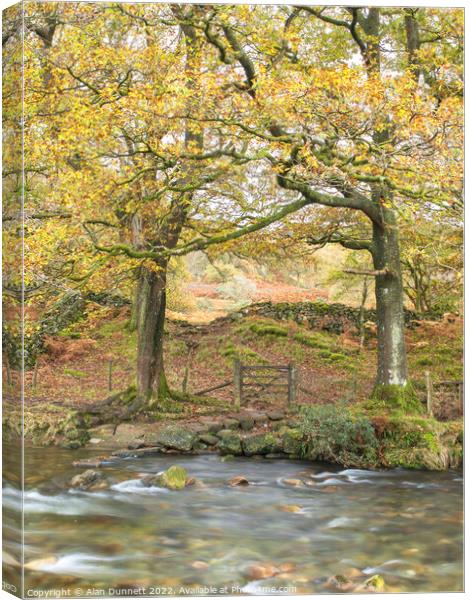 Autumn River Crossing  Canvas Print by Alan Dunnett