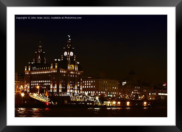 Liverpool's Three Graces at night Framed Mounted Print by John Wain