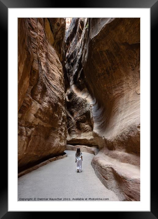 The Siq Gorge in the Nabatean City Petra with a Girl Framed Mounted Print by Dietmar Rauscher