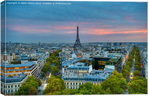 Paris skyline at dusk looking towards the Eiffel T Canvas Print by Navin Mistry