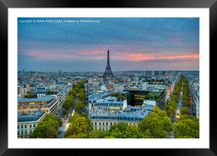 Paris skyline at dusk looking towards the Eiffel T Framed Mounted Print by Navin Mistry