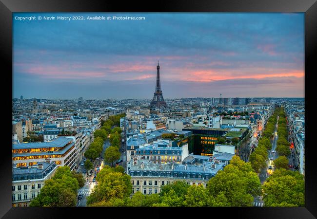 Paris skyline at dusk looking towards the Eiffel T Framed Print by Navin Mistry