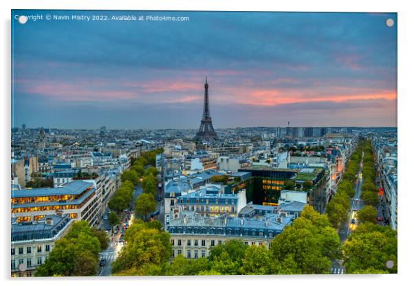 Paris skyline at dusk looking towards the Eiffel T Acrylic by Navin Mistry