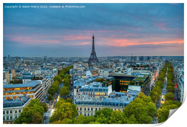 Paris skyline at dusk looking towards the Eiffel T Print by Navin Mistry