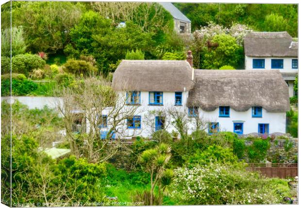 Blue Framed Thatched Cottages in Cadgwith Cove Canvas Print by Beryl Curran