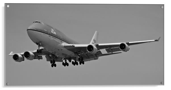 KLM Boeing 747  landing over Maho beach (b/w) Acrylic by Allan Durward Photography