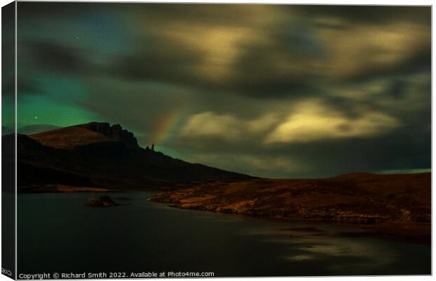 Northern Lights and a moon lit rainbow over the Old Man of Storr Canvas Print by Richard Smith