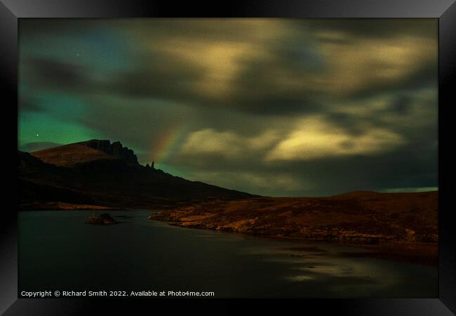 Northern Lights and a moon lit rainbow over the Old Man of Storr Framed Print by Richard Smith