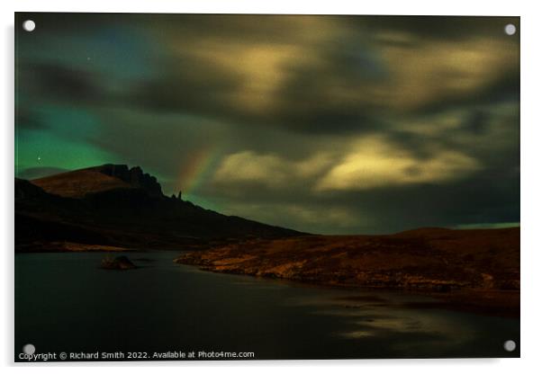 Northern Lights and a moon lit rainbow over the Old Man of Storr Acrylic by Richard Smith