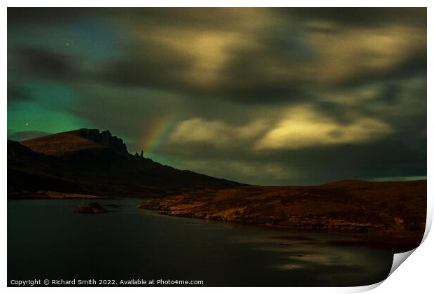 Northern Lights and a moon lit rainbow over the Old Man of Storr Print by Richard Smith
