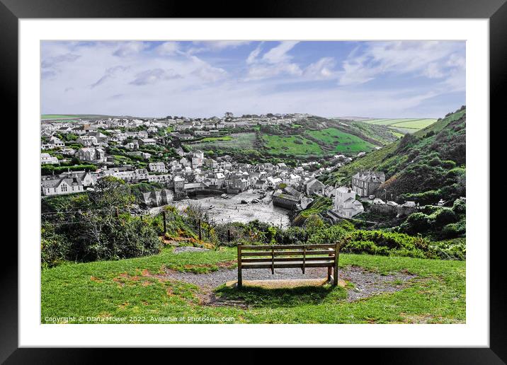 Port Isaac seat with a view Cornwall Framed Mounted Print by Diana Mower