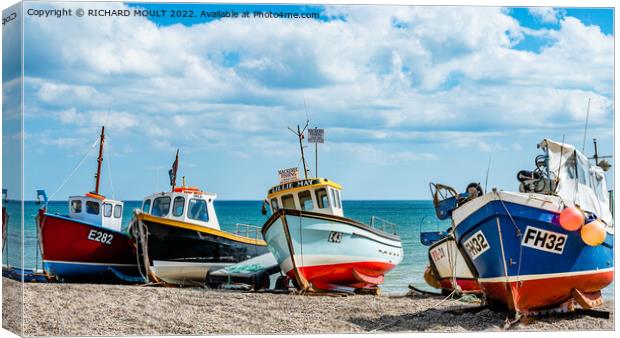 Fishing Boats On Beer Beach In Devon Canvas Print by RICHARD MOULT