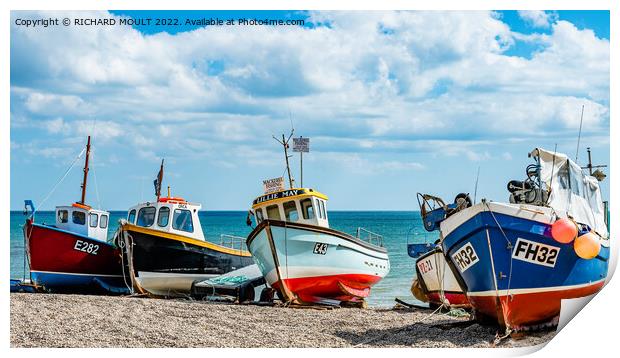 Fishing Boats On Beer Beach In Devon Print by RICHARD MOULT
