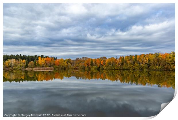 Lake between fields and forests. Late fall. Europe. Print by Sergey Fedoskin