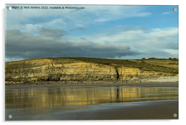 Dunraven Bay cliffs reflected in wet sand Acrylic by Nick Jenkins