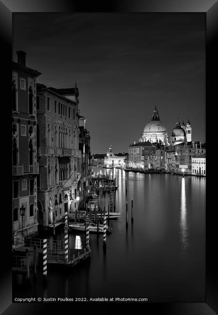 Night view of Santa Maria della Salute church, Grand Canal, Venice Framed Print by Justin Foulkes