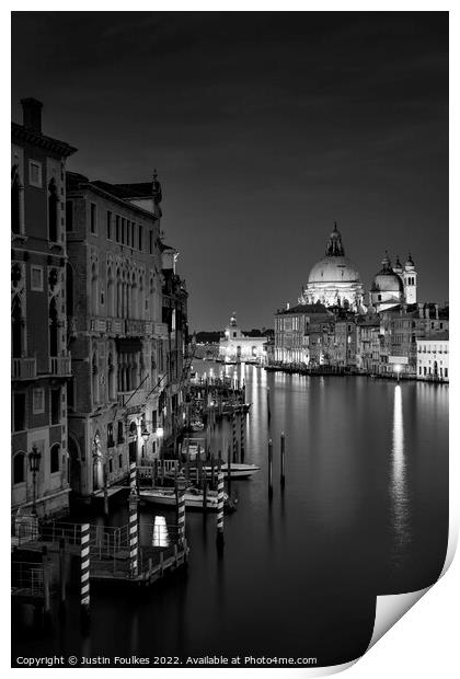 Night view of Santa Maria della Salute church, Grand Canal, Venice Print by Justin Foulkes