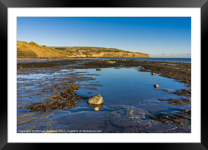 Beach at Boggle Hole and view towards Robin Hood's Framed Mounted Print by Michael Shannon