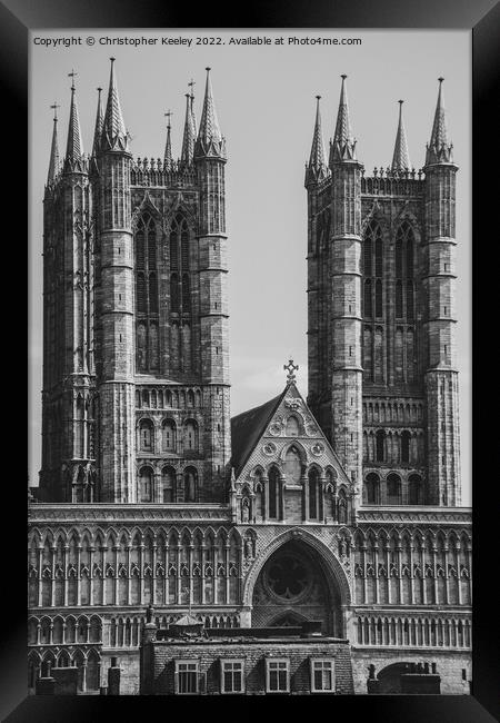 Lincoln Cathedral tower in  black and white Framed Print by Christopher Keeley