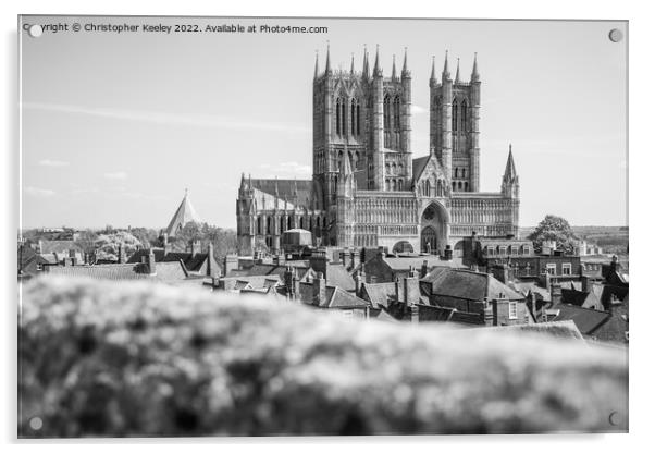 Lincoln Cathedral from the castle walls - black and white Acrylic by Christopher Keeley