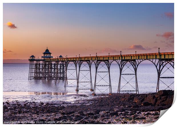 Clevedon Pier at sunset and low tide Print by Rory Hailes