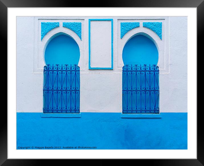 Decorative Blue and White Arch Wall with Iron fence, Morocco Framed Mounted Print by Maggie Bajada